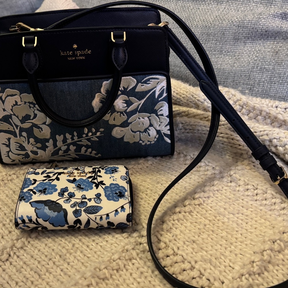 Kate Spade Blue and White Floral Satchel with matching wallet